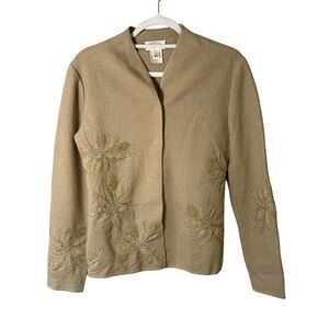 Talbots Beige 100% Wool Knit Cardigan Sweater Size S Embellished Holiday Neutral